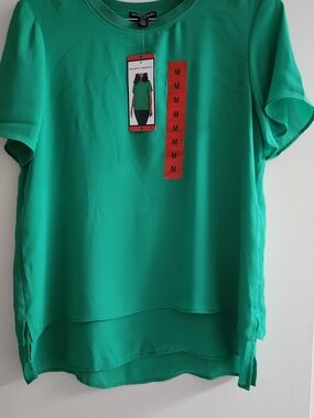 Hilary Radley Green High-Low Short Sleeve Blouse
